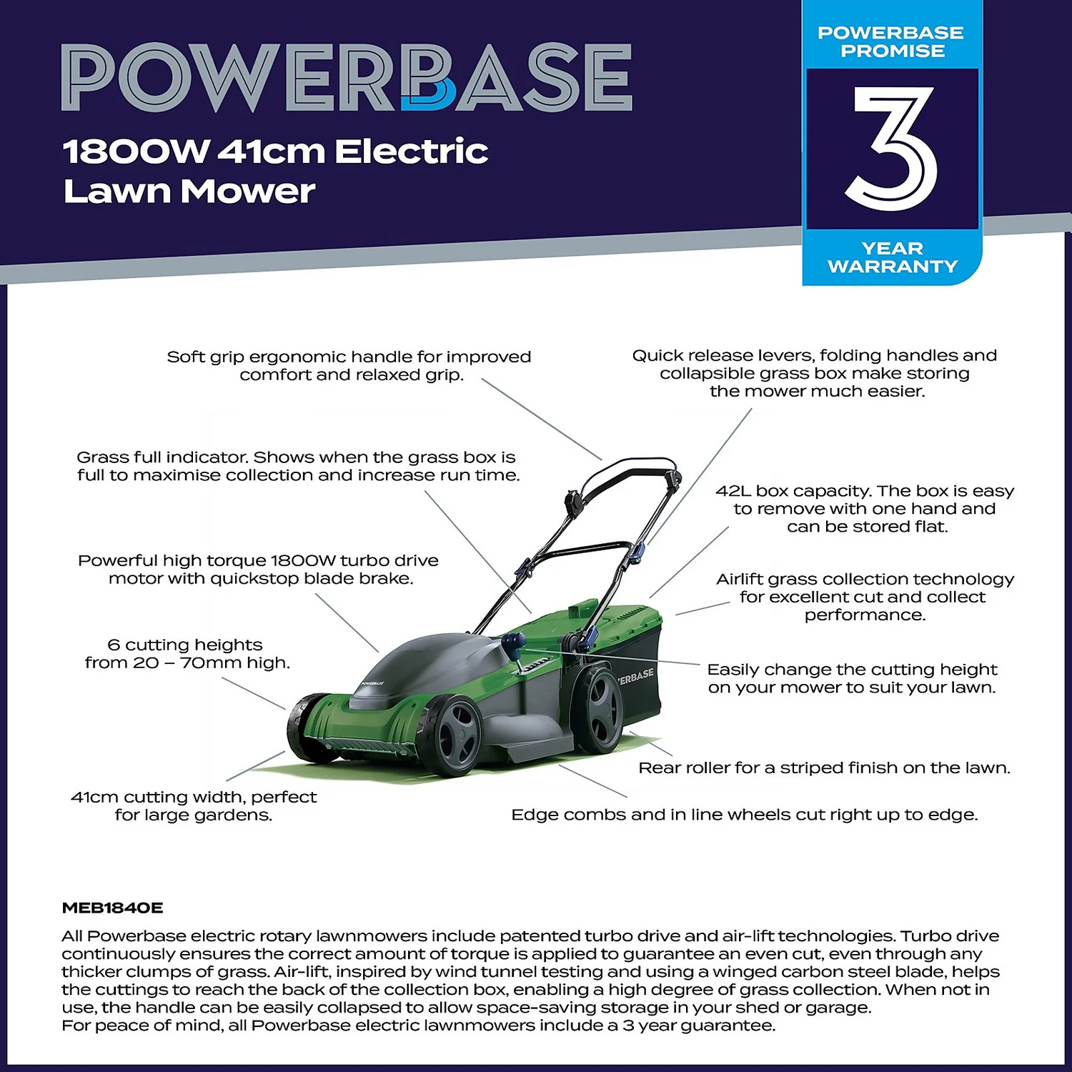 Powerbase 1800W Electric Lawn Mower - 41cm 4 Powerbase 1800W Electric Lawn Mower - 41cm - Image 2