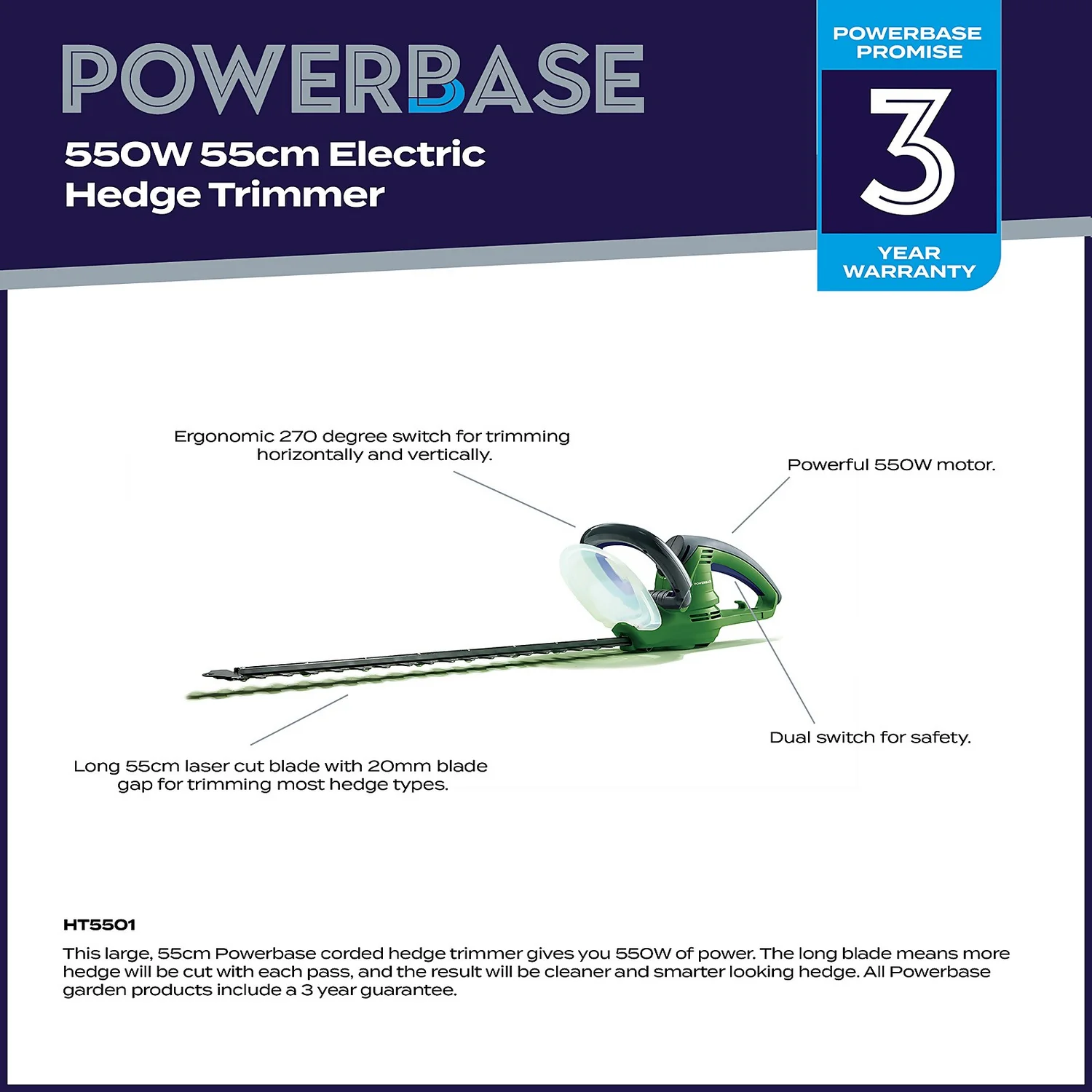 Powerbase 550W Electric Hedge Trimmer - 55cm 4 Powerbase 550W Electric Hedge Trimmer - 55cm - Image 2